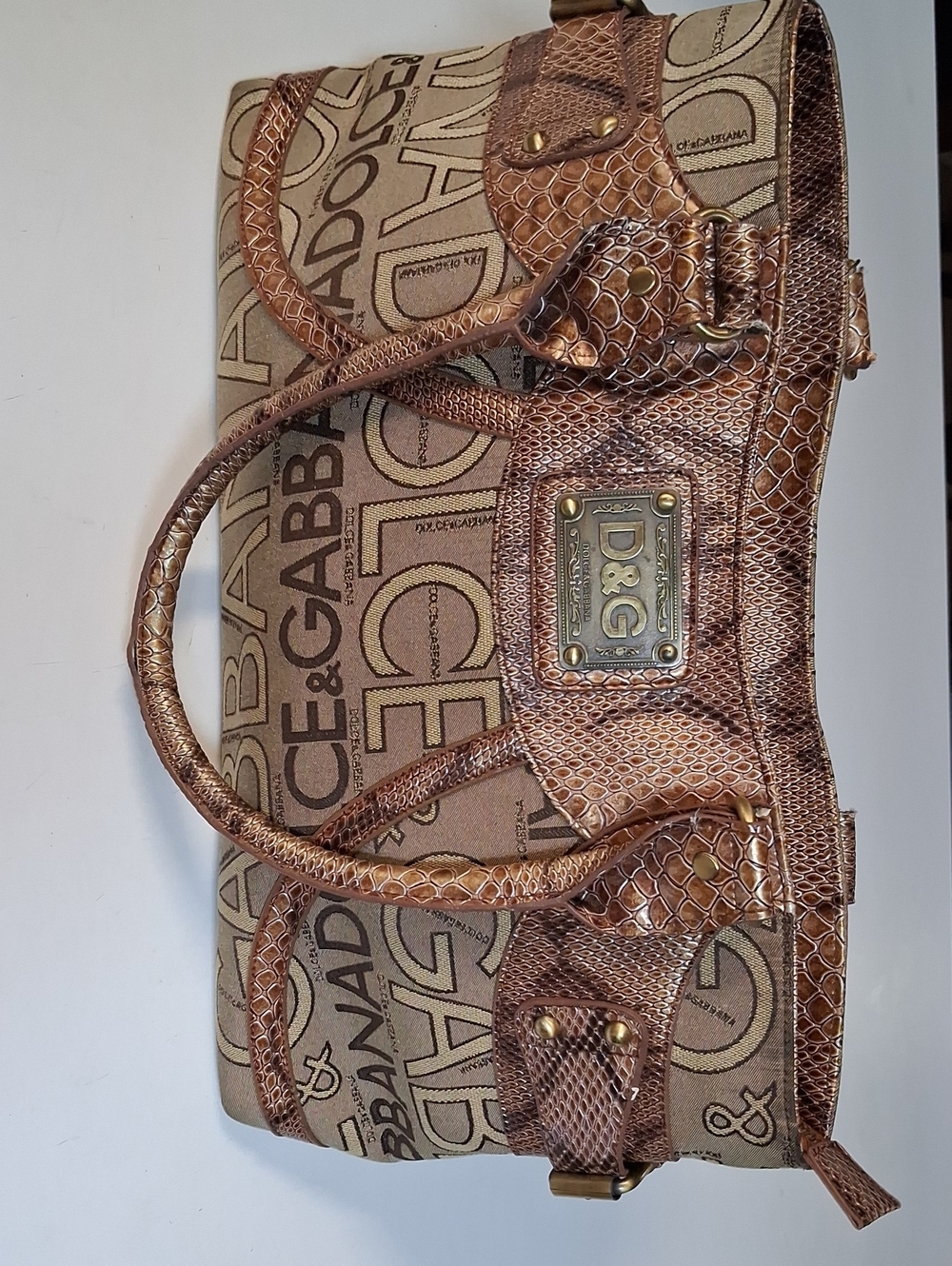 Vintage D&G Beige Monogram Tote with Metallic Copper Trim